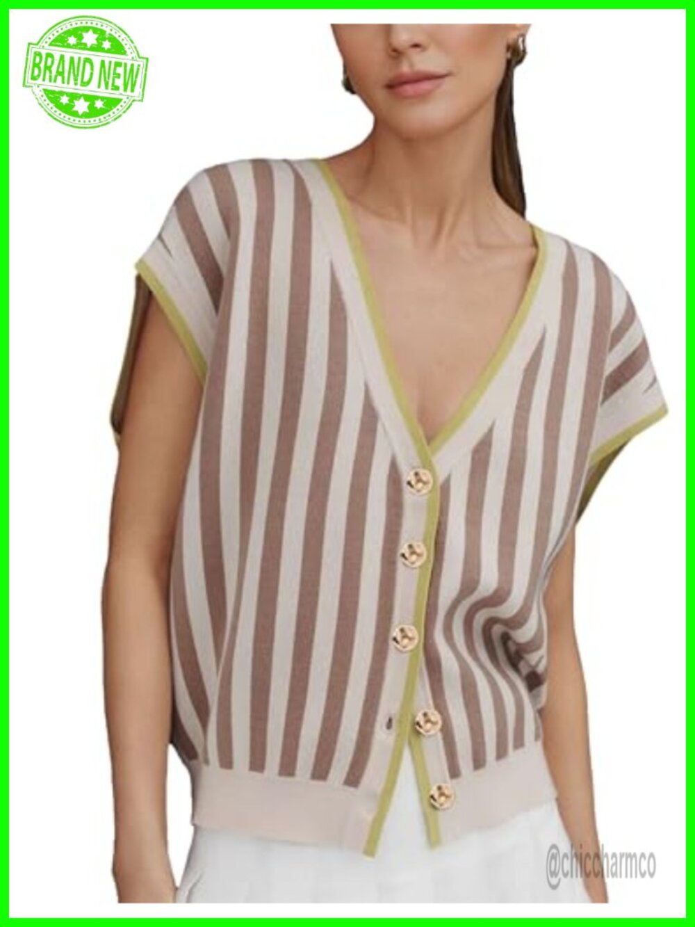 Womens Oversized Striped Knit Cardigan Golden Button Sweater Vest